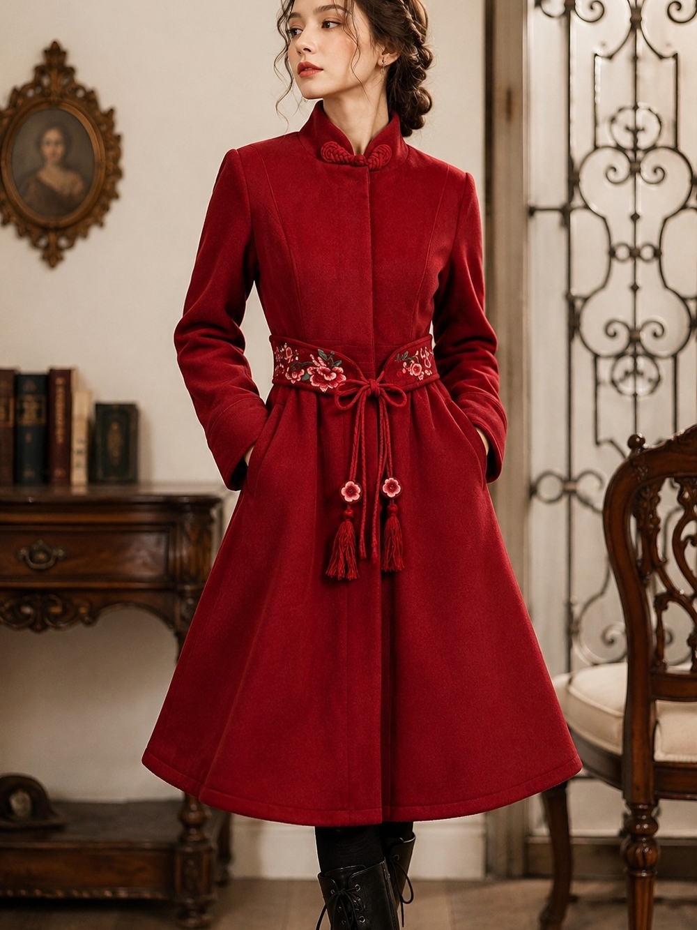ARTKA Crazy in Life Red Embroidered Wool Blend Coat Women's Large NWT